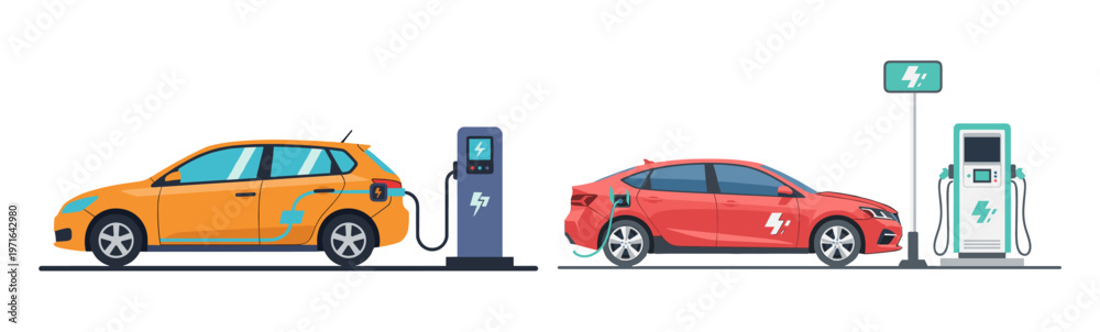Obraz premium Two modern electric vehicles, one orange hatchback and one red sedan, charging at distinct power stations, illustrating sustainable transportation.