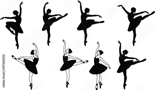Ballet dancer silhouettes in elegant poses with tutus and pointe shoes, classical dance performance, graceful stage art, expressive choreography illustration