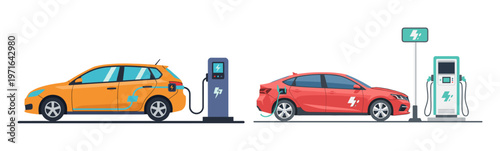 Two modern electric vehicles, one orange hatchback and one red sedan, charging at distinct power stations, illustrating sustainable transportation.