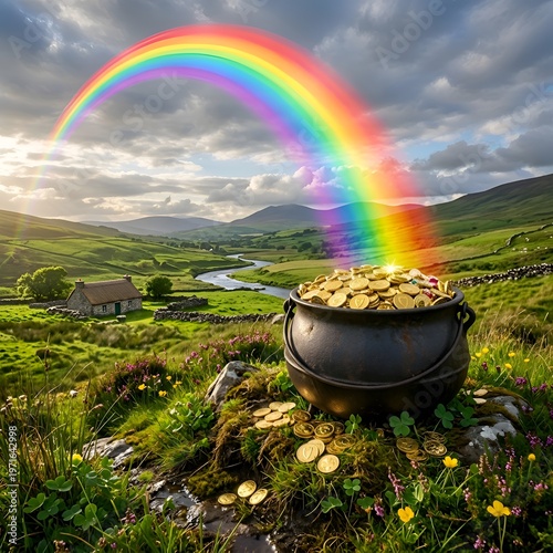 Vibrant Rainbow Arching Over Lush Green Landscape with Large Cauldron Full of Gold Coins on Rocky Outcrop Amidst Wildflowers and Rolling Hills