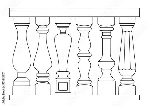 “Ornamental balustrade railing silhouette, black solid shape, symmetrical pillars and spindles, minimal detail, white background, clipart style”