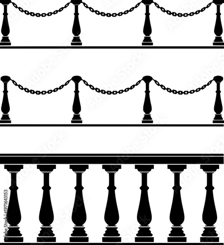 “Ornamental balustrade railing silhouette, black solid shape, symmetrical pillars and spindles, minimal detail, white background, clipart style”