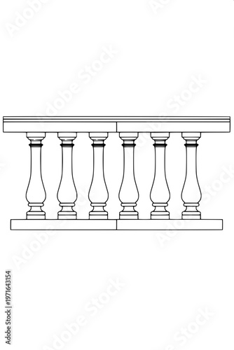 “Ornamental balustrade railing silhouette, black solid shape, symmetrical pillars and spindles, minimal detail, white background, clipart style”