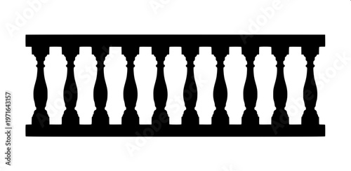 “Ornamental balustrade railing silhouette, black solid shape, symmetrical pillars and spindles, minimal detail, white background, clipart style”
