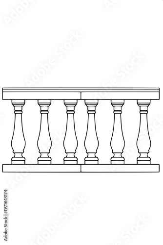 “Ornamental balustrade railing silhouette, black solid shape, symmetrical pillars and spindles, minimal detail, white background, clipart style”
