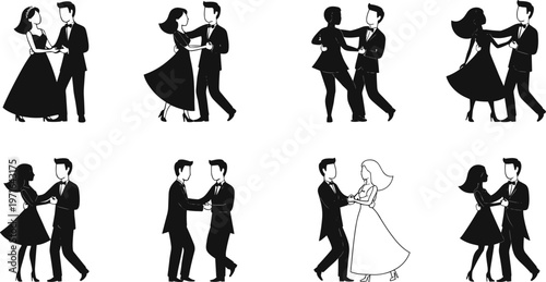 Ballroom dancing couples silhouettes in elegant poses, formal attire illustration, graceful partner dance art, cultural performance design, classic movement inspiration