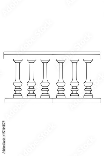 “Ornamental balustrade railing silhouette, black solid shape, symmetrical pillars and spindles, minimal detail, white background, clipart style”