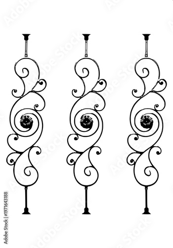 “Ornamental balustrade railing silhouette, black solid shape, symmetrical pillars and spindles, minimal detail, white background, clipart style”
