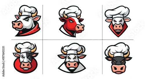 Chef cow logo set vector illustrations for culinary branding