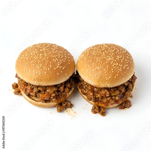 Two Sloppy Joes on Sesame Seed Buns with Meat and Tomato Sauce