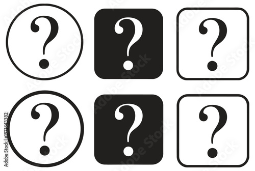 Question and exclamation mark icon set, professional FAQ and alert symbols, minimalist vector illustration, circular and square question mark symbols collection, support help center and warning indica
