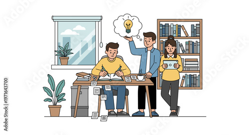 Three young professionals collaborate on a project, illustrating teamwork, brainstorming, and creative problem-solving in a modern office environment.