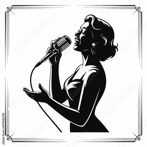 Vintage Style Singer Silhouette with Microphone – Black and White Vocalist Vector Illustration