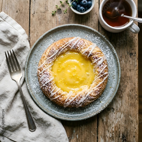 Delicious Danish pastry on a plate with powdered sugar and icing, served with a cup of tea and fresh blueberries on a rustic wooden table