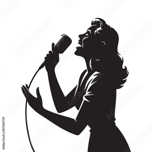Vintage Style Singer Silhouette with Microphone – Black and White Vocalist Vector Illustration