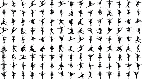 Silhouette dancers performing ballet and contemporary poses, elegant movement illustration, artistic dance silhouettes, vector art, graceful choreography, rhythmic performance