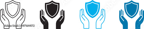 Hands holding shield icon set, protection safety secure support, reliable defense trust assurance, modern digital security symbols