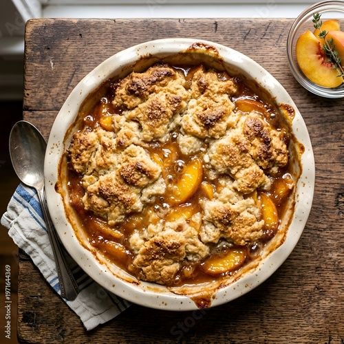 Delicious homemade peach cobbler in a white baking dish on a rustic wooden table with a side of fresh peaches