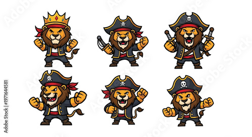 Cartoon lion pirates collection vector illustration isolated