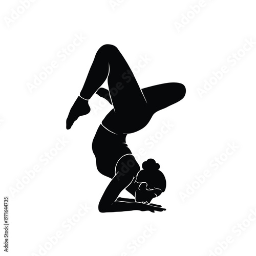 Black silhouette of woman practicing advanced yoga forearm stand pose