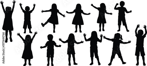 A collection of silhouetted children with arms raised in joyful poses displaying carefree energy and childhood enthusiasm high quality professional detailed modern elegant