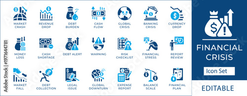 Financial crisis and economic downturn icon set. Market crash, bankruptcy, debt burden, global recession and cash flow drop vector symbols.