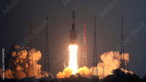 Space shuttle launches into the sky, leaving behind a trail of flames and thick clouds of smoke
