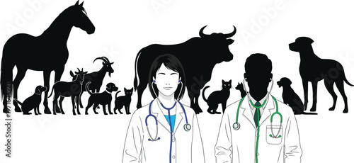 A graphic illustration depicts a veterinarian standing with various animals including horses cows goats dogs and cats high quality professional detailed modern elegant