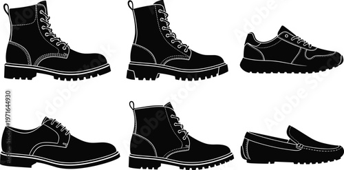 A monochrome illustration displays various types of footwear including boots sneakers and loafers in a clean style high quality professional detailed modern elegant
