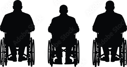 A stark black silhouette depicts three individuals seated in wheelchairs facing forward with a sense of quiet dignity high quality professional detailed modern