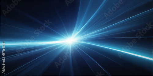 A glowing blue abstract background with a bright light burst and magic laser flares creates a high energy disco space design filled with cosmic rays and sparkling star flashes