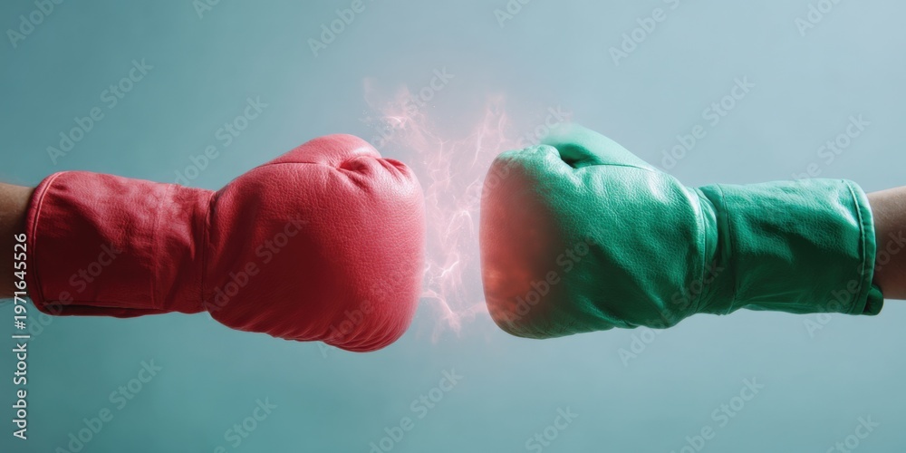 Obraz premium Red boxing glove green clash with electric impact between female adult caucasian and male adult caucasian dramatic fight concept