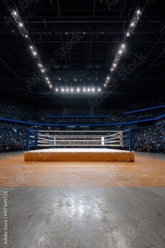 Boxing ring on wooden floor with blue ropes and bright overhead lights, arena seating surrounding the elevated canvas stage ready for a fight night event