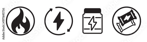Energy and sport supplement icon set isolated on transparent background. Minimal symbols for fitness, workout, nutrition, gym products, healthy lifestyle, packaging, branding and modern UI design.
