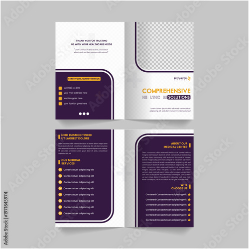 Medical tests bifold brochure template design. Half-fold booklet mockup set with copy space for text, a corporate bifold business brochure design template in A4 format. Premium Vector