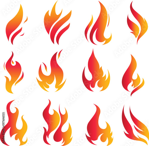 Twelve distinct fire flame featuring gradient colors ranging from deep red to bright yellow arranged in a grid pattern on a white background as stylized for