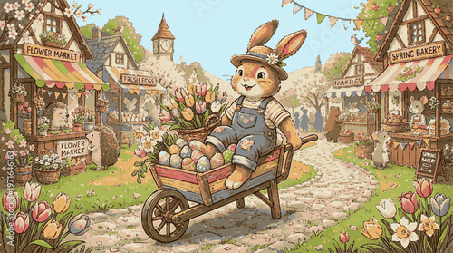 Whimsical rabbit character pushing a wheelbarrow filled with colorful eggs through a charming village market