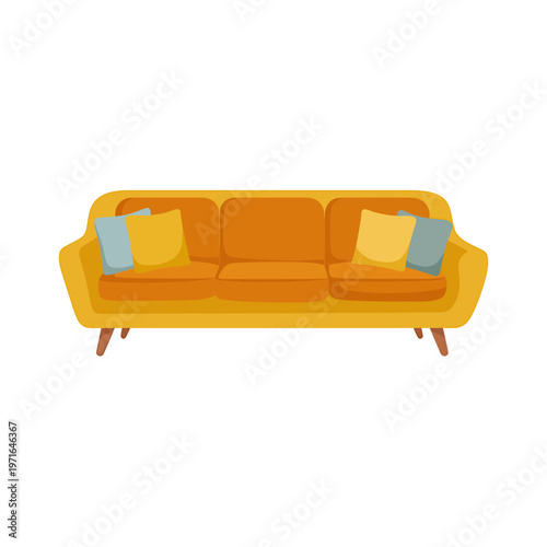 Yellow sofa with blue and yellow cushions on white background