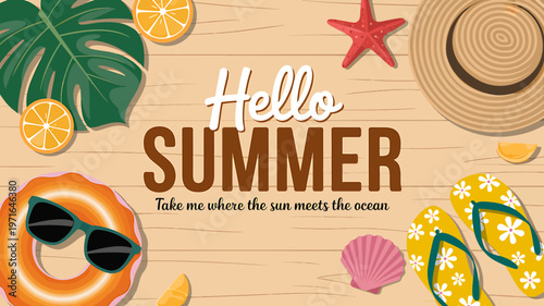 Hello summer vacation background with beach accessories and text on wooden board