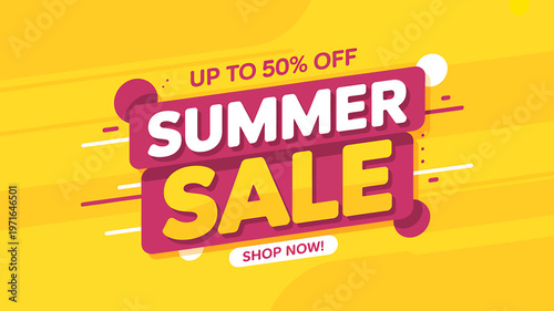 Summer sale banner with up to fifty percent off offer and shop now button