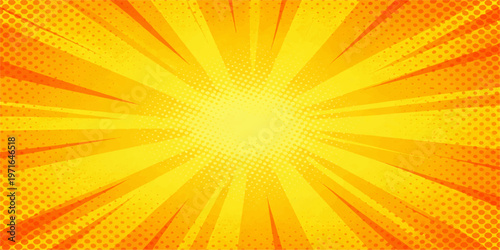 Abstract orange background vector illustration featuring a bright yellow summer sunburst with warm light rays and star burst beams for a shining backdrop art