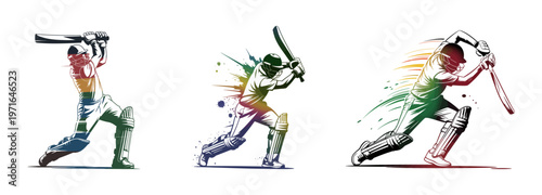 Set of colorful abstract cricket batsman illustrations featuring dynamic batting strokes with artistic splatter effects