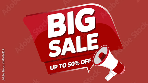 Big sale up to fifty percent off announcement with megaphone on red background