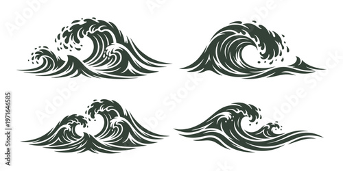 Set of stylized ocean waves featuring crashing surf, curling crests and dynamic water movement isolated vector