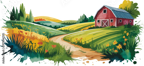 Rural farm landscape featuring a red barn, rolling green hills and dirt path in a vibrant watercolor vector style