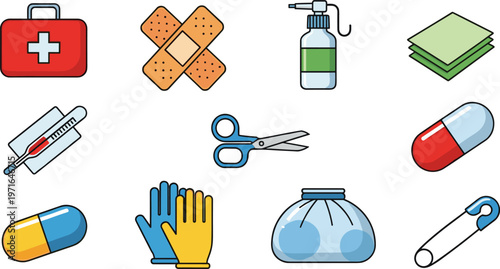 Medical First Aid Flat Icons Set with Bandage Syringe Pills Gloves and Healthcare Elements