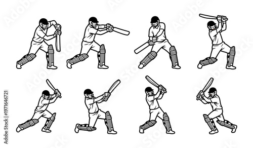 Cricket player batting strokes icon set featuring professional cricketers performing diverse shots