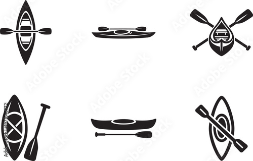 Canoe and kayak icon set with paddle in flat style rafting boat vector isolated for business use app.