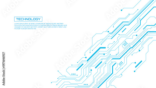 Fotografi Abstract blue circuit board lines and dots forming a complex network pattern wit