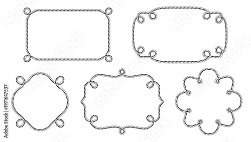 Decorative rope border frame vector set. Vintage nautical twisted cord frames with knot details. Ideal design for certificates, invitations, labels, and decorative elements